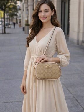 Coach Signature Canvas Crossbody in Beige and White with Red Cherry Charm